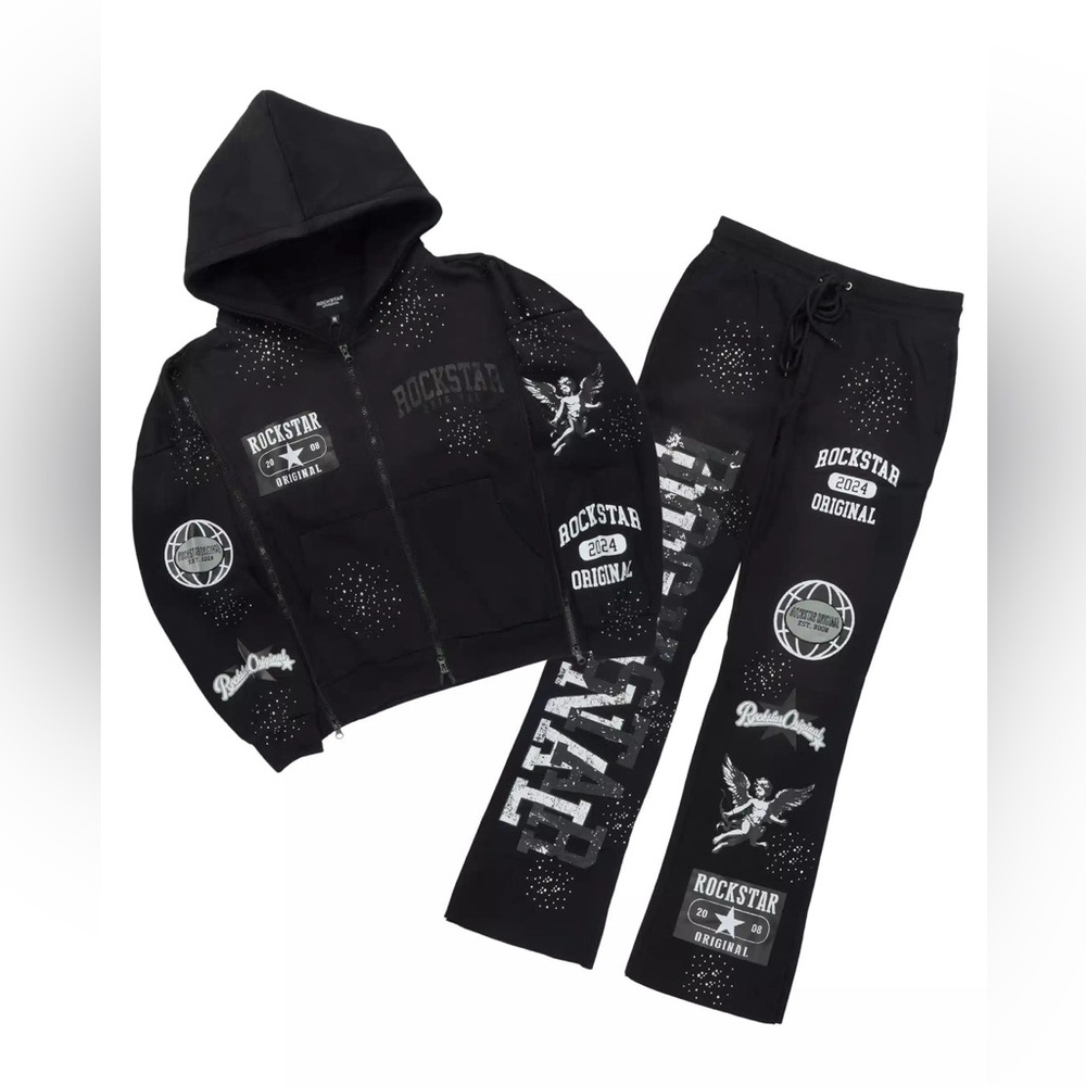 Gutta Black Rhinestone Hoodie Relaxed Track Set